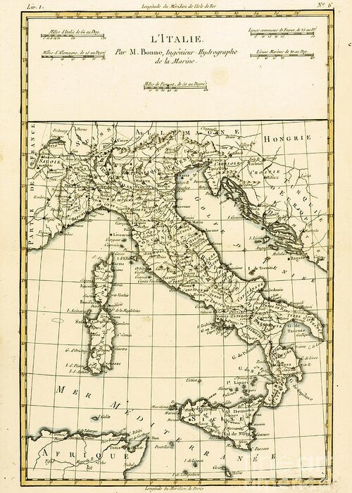 Maps Greeting Card featuring the drawing Antique Map of Italy by Guillaume Raynal