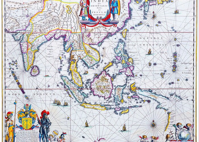 Antique Maps Of The World Greeting Card featuring the painting Antique Maps of the World Map of South East Asia Willem Blaeu c 1650 by Vintage Collectables
