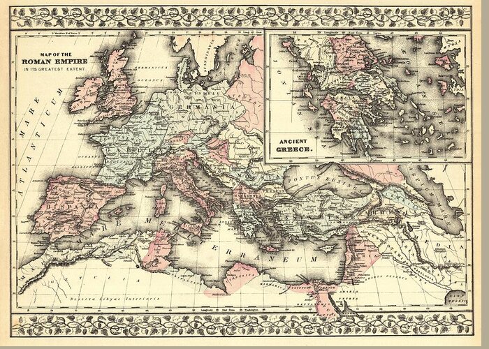 Antique Map Of Roman Empire Greeting Card featuring the drawing Antique Maps - Old Cartographic maps - Antique Map of the Roman Empire, 1880 by Studio Grafiikka
