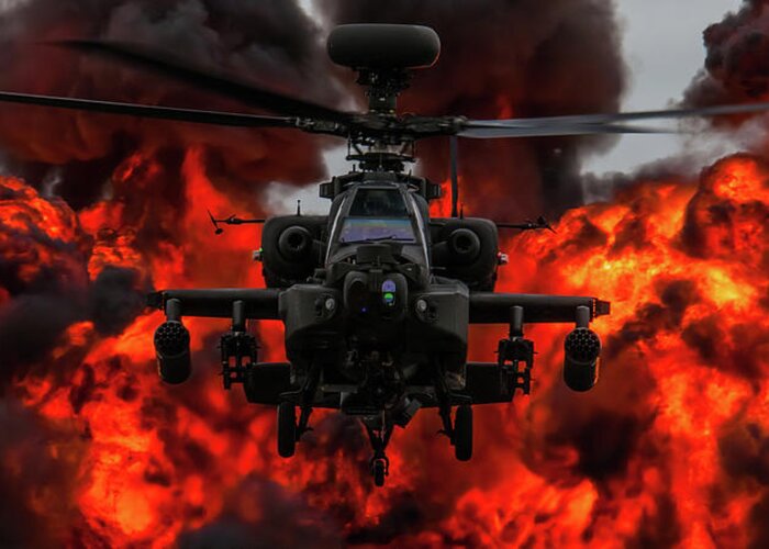 British Army Apache Westland Ah1 Attack Helicopter Riat Fairford 2017 Royal International Air Tattoo England Uk Greeting Card featuring the photograph Apache Wall of Fire by Tim Beach