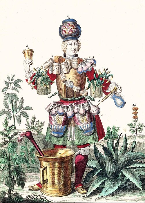Historic Greeting Card featuring the photograph Apothecary, 1721 by Wellcome Images