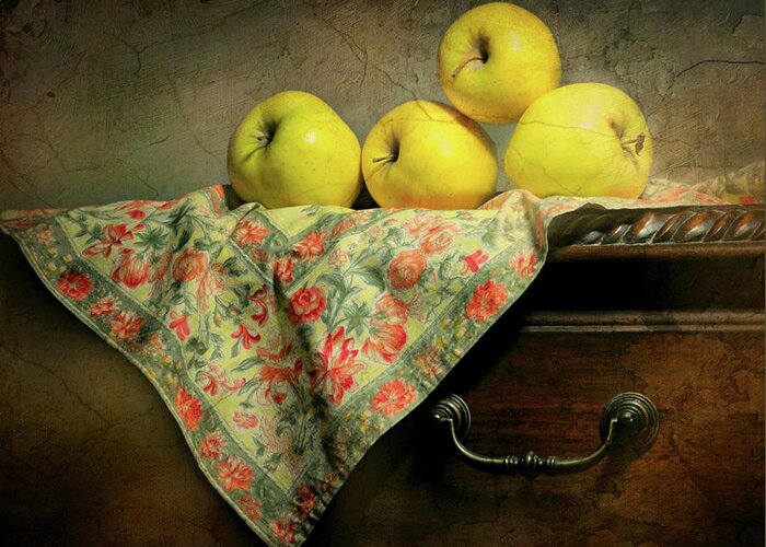 Still Life Greeting Card featuring the photograph Apple Cloth by Diana Angstadt