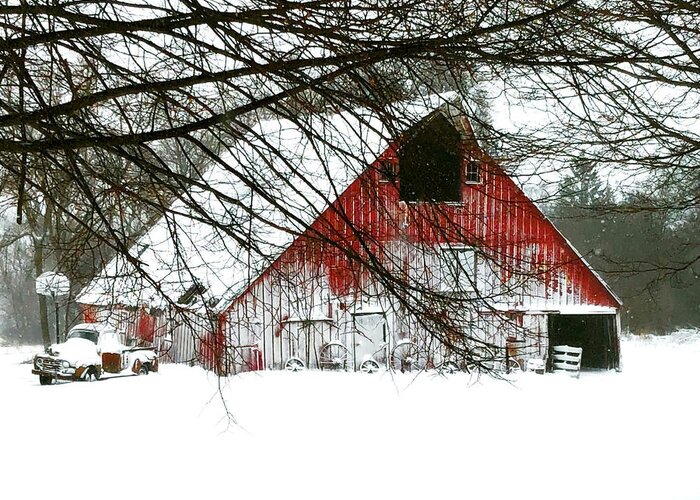 Barn Greeting Card featuring the photograph April Blizzard by Julie Hamilton