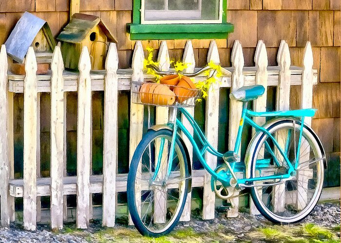 Aqua Greeting Card featuring the photograph Aqua Antique Bicycle along Fence by Betty Denise