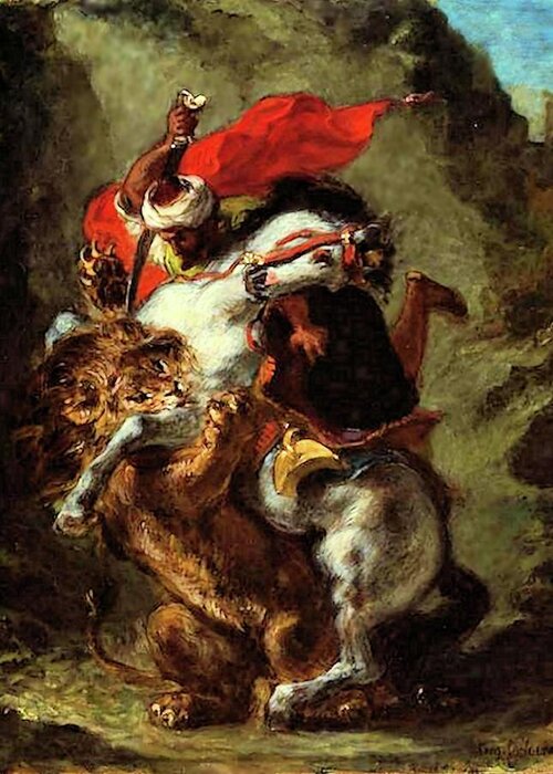 Arab Greeting Card featuring the painting Arab Horseman Attacked by a Lion by Eugene Delacroix