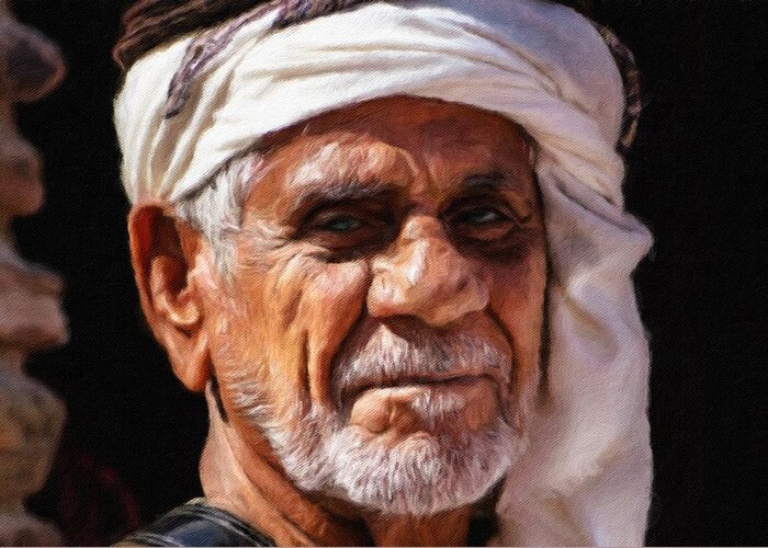 Portrait Greeting Card featuring the painting Arabian old man by Vincent Monozlay