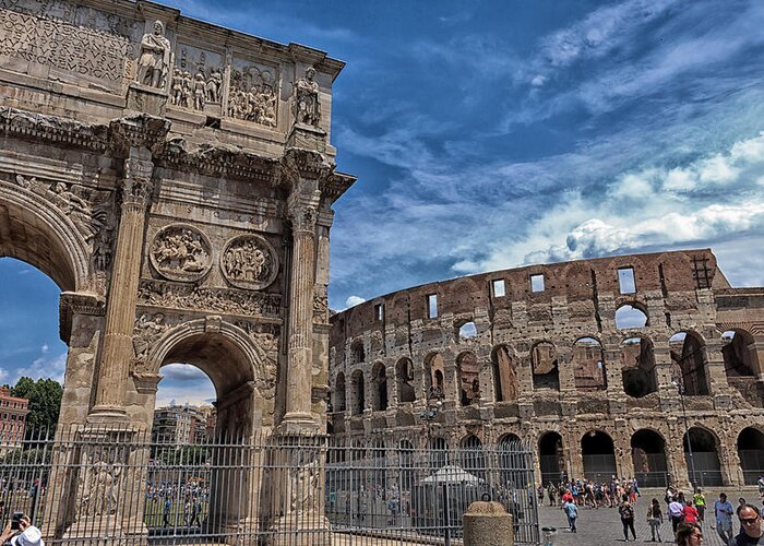 Ancient Greeting Card featuring the photograph Arch of Constantine and Roman Colosseum by Travis Rogers