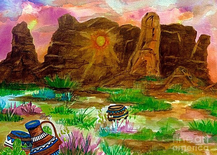 Landscape Greeting Card featuring the painting Arches Sunset by Ellen Levinson