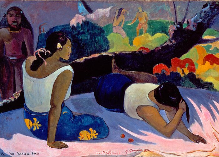 Paul Gauguin Greeting Card featuring the painting Arearea No Varua Ino. Reclining Tahitian Women by Paul Gauguin