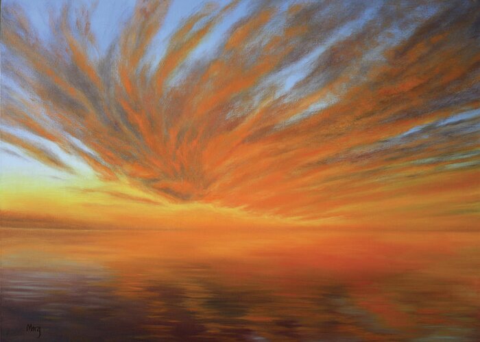 Sunset; Water; Reflection; Clouds; Spiritual; Atmospheric Greeting Card featuring the painting Arrival by Marg Wolf
