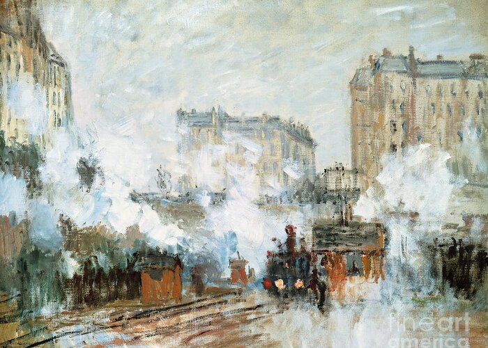 Sainte-lazare; Saint; Lazare; St; Parisian Railway Station; Steam; Train; Engine; Cityscape; Urban; Impressionist Greeting Card featuring the painting Arrival of a Train by Claude Monet