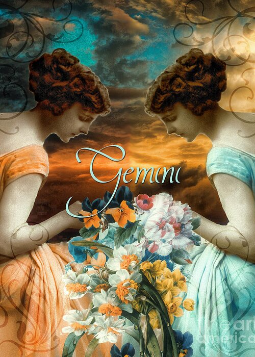 Gemini Twins Greeting Card featuring the painting Art Nouveau Zodiac Gemini by Mindy Sommers