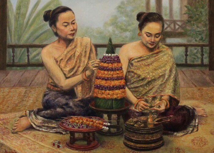 Lao Women Greeting Card featuring the painting Art of Arrangement by Sompaseuth Chounlamany