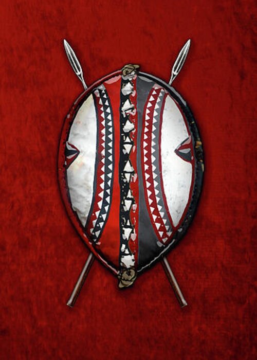 'war Shields' Collection By Serge Averbukh Greeting Card featuring the digital art Maasai War Shield with Spears on Red Velvet by Serge Averbukh