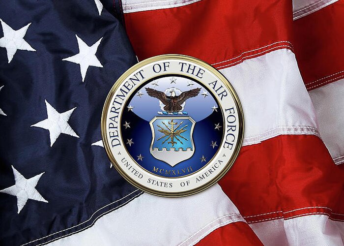 'military Insignia 3d' By Serge Averbukh Greeting Card featuring the digital art U. S. Air Force - U S A F Emblem over American Flag by Serge Averbukh