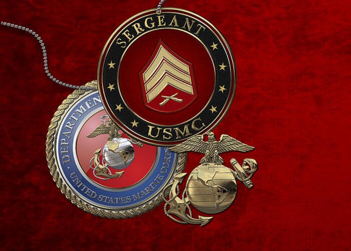 Military Insignia 3d By Serge Averbukh Greeting Card featuring the digital art U. S. Marines Sergeant - U S M C Sgt Rank Insignia over Red Velvet by Serge Averbukh