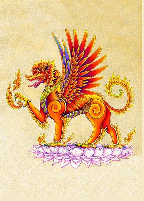 Singha Greeting Card featuring the drawing Singha Balinese Winged Lion by Rebecca Wang