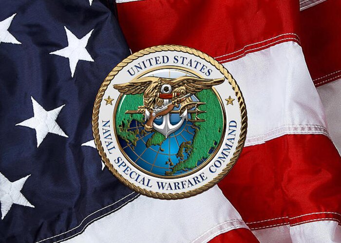 'military Insignia & Heraldry - Nswc' Collection By Serge Averbukh Greeting Card featuring the digital art Naval Special Warfare Command - N S W C - Emblem over U. S. Flag by Serge Averbukh