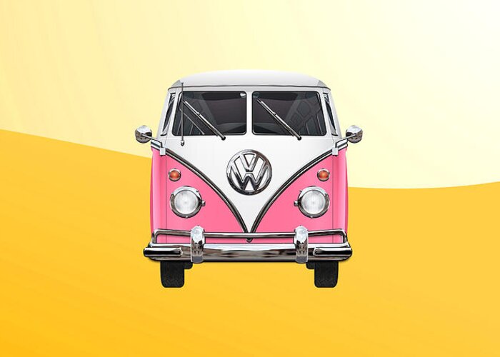 'volkswagen Type 2' Collection By Serge Averbukh Greeting Card featuring the photograph Pink and White Volkswagen T 1 Samba Bus on Yellow by Serge Averbukh
