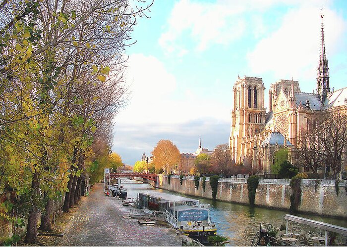 Notre Dame Greeting Card featuring the photograph The Seine and Quay Beside Notre Dame, Autumn by Felipe Adan Lerma