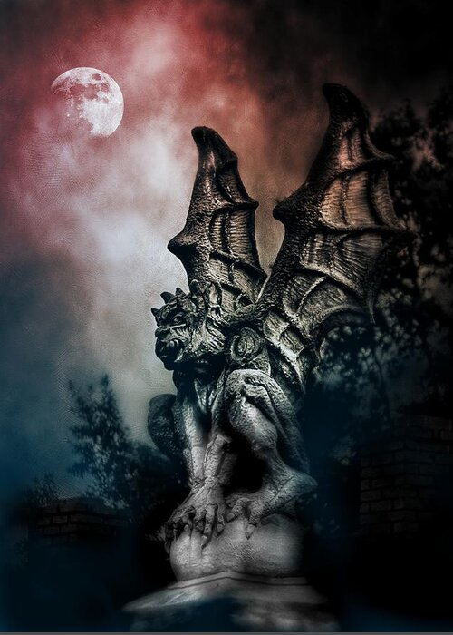Gargoyle Greeting Card featuring the photograph Gargoyle Blood Moon Sky Gothic by Melissa Bittinger