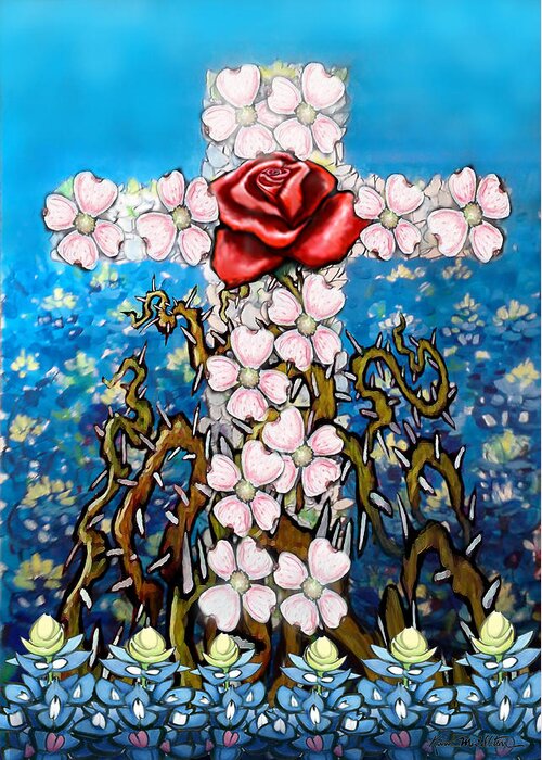 Cross Greeting Card featuring the digital art Cross of Flowers #1 by Kevin Middleton