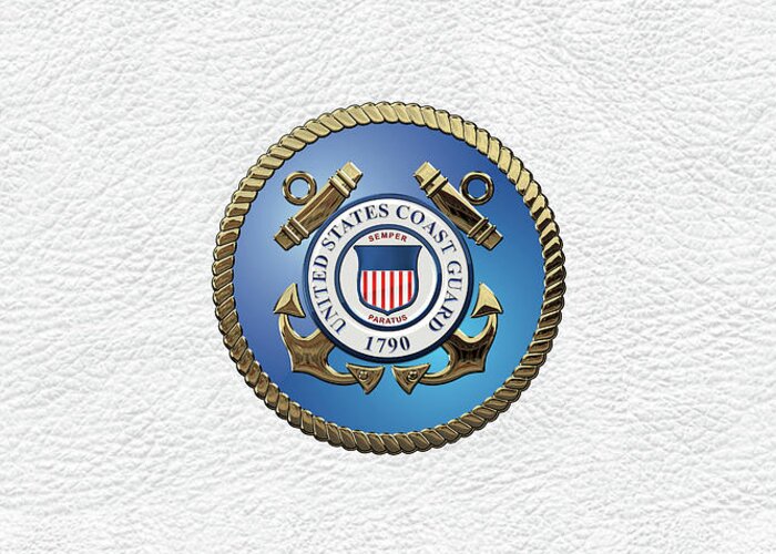 'military Insignia & Heraldry 3d' Collection By Serge Averbukh Greeting Card featuring the digital art U. S. Coast Guard - U S C G Emblem over White Leather by Serge Averbukh