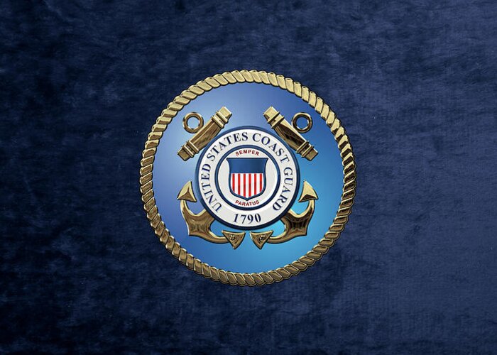 'military Insignia & Heraldry 3d' Collection By Serge Averbukh Greeting Card featuring the digital art U. S. Coast Guard - U S C G Emblem over Blue Velvet by Serge Averbukh