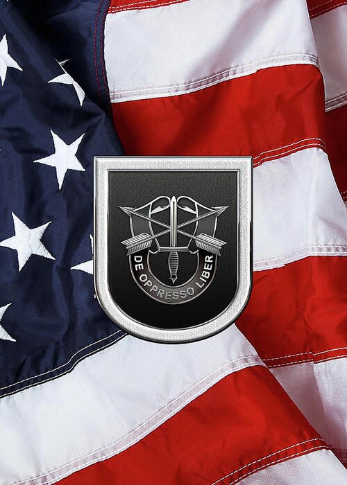 'u.s. Army Special Forces' Collection By Serge Averbukh Greeting Card featuring the digital art U. S. Army 5th Special Forces Group - 5 S F G Beret Flash over American Flag by Serge Averbukh