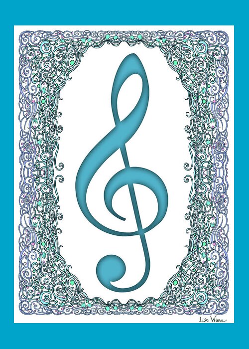 Lise Winne Greeting Card featuring the digital art Turquoise Treble Clef with Turquoise and Blue Border by Lise Winne