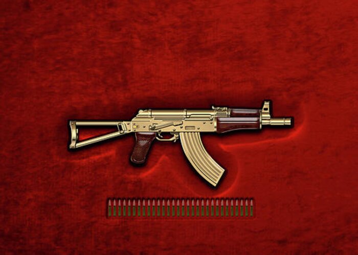 'the Armory' Collection By Serge Averbukh Greeting Card featuring the digital art Gold A K S-74 U Assault Rifle with 5.45x39 Rounds over Red Velvet by Serge Averbukh