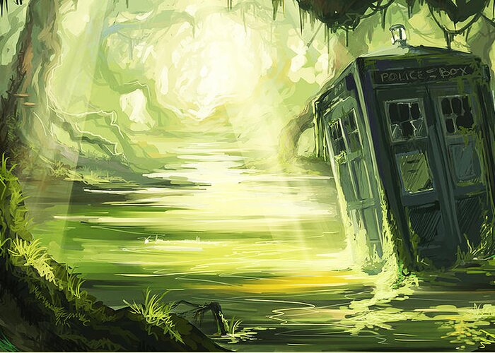 Doctor Greeting Card featuring the painting Tardis in the swamp by Edi Suniarto