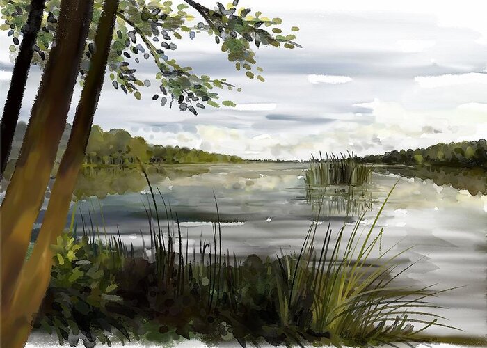 Painting Greeting Card featuring the painting Quiet day by lake by Ivana Westin