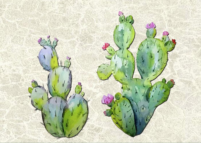 Cactus Greeting Card featuring the painting Water Color Prickly Pear Cactus Adobe Background by Elaine Plesser