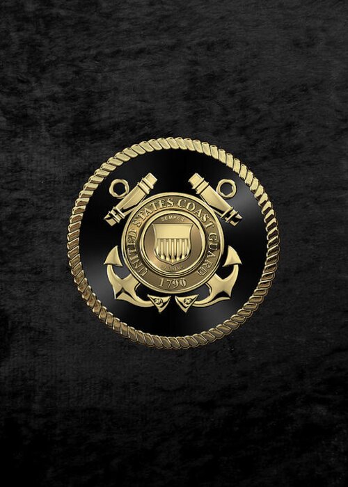 'military Insignia & Heraldry' Collection By Serge Averbukh Greeting Card featuring the digital art U. S. Coast Guard - U S C G Emblem Black Edition over Black Velvet by Serge Averbukh