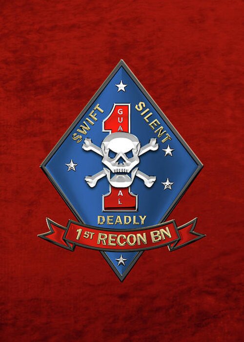 'military Insignia & Heraldry' Collection By Serge Averbukh Greeting Card featuring the digital art U S M C 1st Reconnaissance Battalion - 1st Recon Bn Insignia over Red Velvet by Serge Averbukh