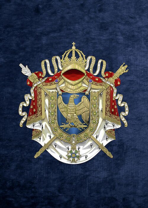 'napoleon Bonaparte' Collection By Serge Averbukh Greeting Card featuring the digital art Greater Coat of Arms of the First French Empire over Blue Velvet by Serge Averbukh