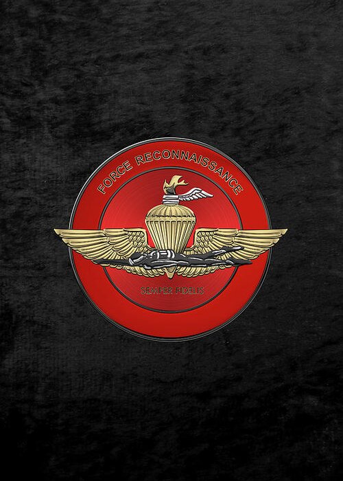'military Insignia & Heraldry' Collection By Serge Averbukh Greeting Card featuring the digital art Marine Force Reconnaissance - U S M C  F O R E C O N Insignia over Black Velvet by Serge Averbukh