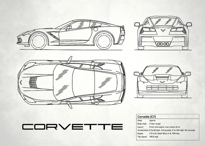 Corvette C7 Greeting Card featuring the photograph Corvette C7 Blueprint In White by Mark Rogan