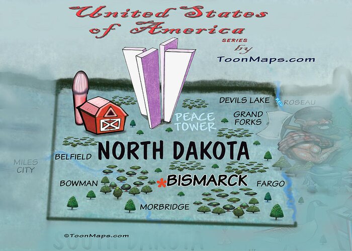 North Dakota Greeting Card featuring the digital art North Dakota Fun Map by Kevin Middleton