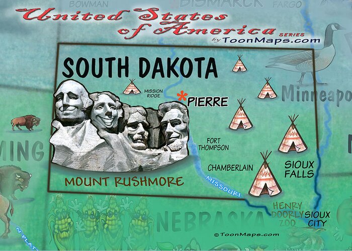 South Dakota Greeting Card featuring the digital art South Dakota Fun Map by Kevin Middleton