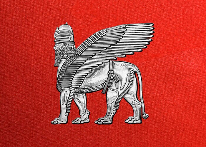 ‘treasures Of Mesopotamia’ Collection By Serge Averbukh Greeting Card featuring the digital art Assyrian Winged Lion - Silver Lamassu over Red Canvas by Serge Averbukh