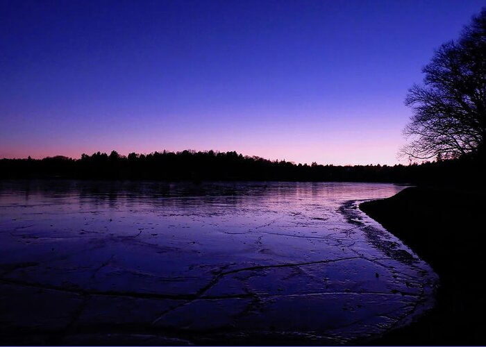 Frozen Landscape Of The Chestnut Hill Reservoir During Winter Twilight. Greeting Card featuring the photograph Frozen Twilight by Beth Myer Photography
