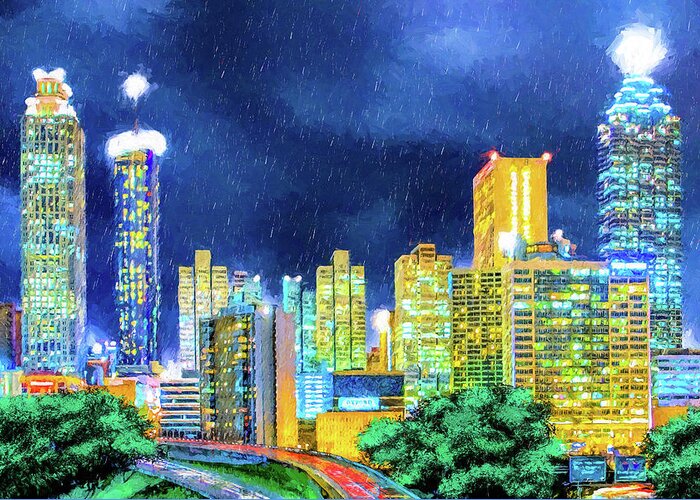 Atlanta Skyline Greeting Card featuring the mixed media Atlanta Skyline At Night by Mark Tisdale