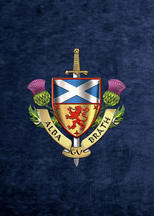 “world Heraldry” Collection Serge Averbukh Greeting Card featuring the digital art Scotland Forever - Alba Gu Brath - Symbols of Scotland over Blue Velvet by Serge Averbukh