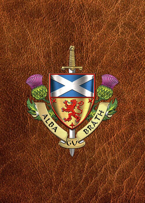 “world Heraldry” Collection Serge Averbukh Greeting Card featuring the digital art Scotland Forever - Alba Gu Brath - Symbols of Scotland over Brown Leather by Serge Averbukh