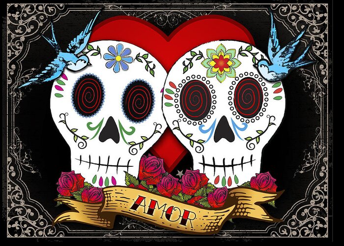 Sugar Skull Greeting Card featuring the digital art Love Skulls II by Tammy Wetzel