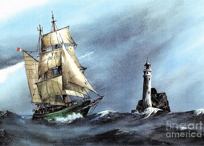 Ships Greeting Card featuring the painting Asgard 11 rounding the Fastnet Rock by Val Byrne