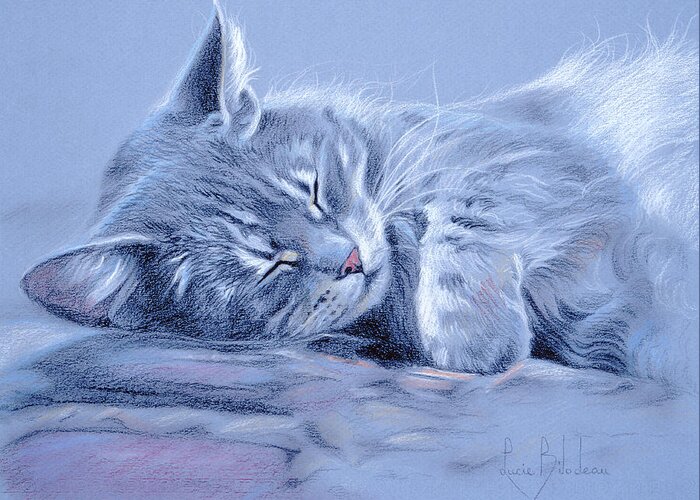 Cat Greeting Card featuring the drawing Asleep by Lucie Bilodeau