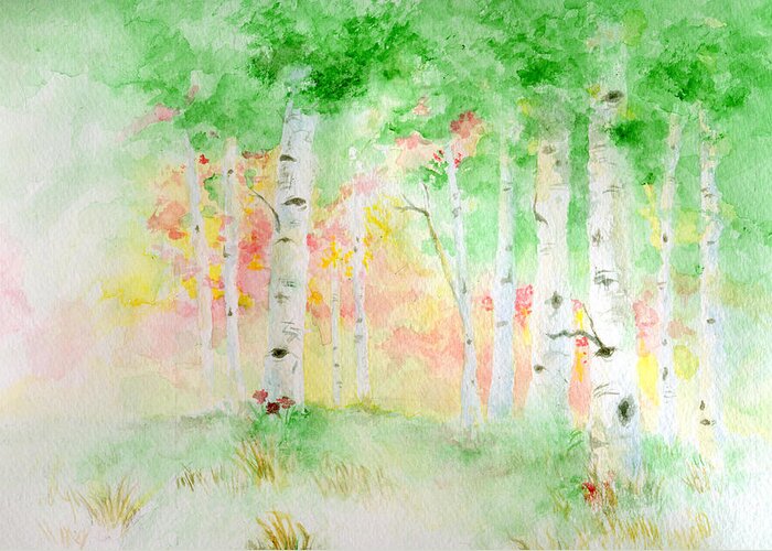 Aspen Tree Forest Woods Woodlands Autumn Fall September Nature Leaves Leaf Foliage Memorial Tribute Watercolor Greeting Card featuring the painting Aspens by Andrew Gillette